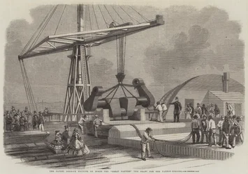 Das Patent Derrick, das die Welle für ihre Schaufelmaschinen an Bord der Great Eastern zieht